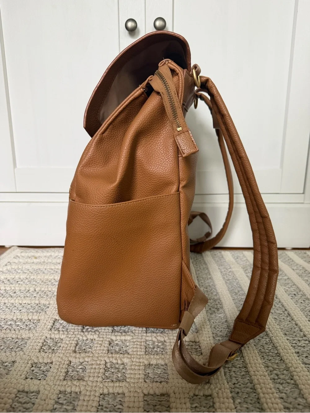 Freshly Picked Tan Leatherette Backpack Diaper Bag with Gold Hardware